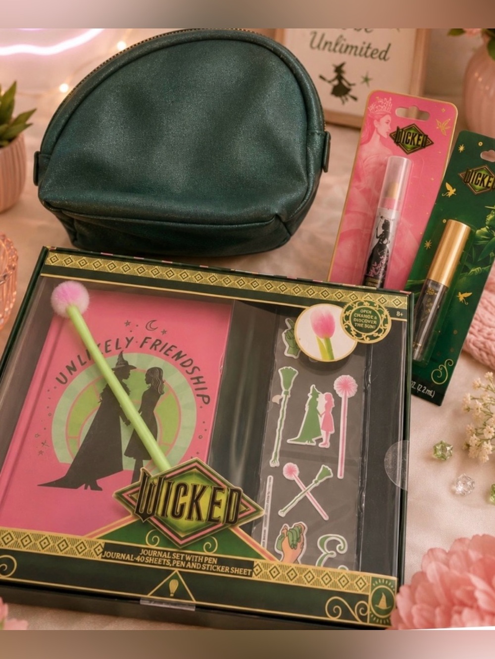 Wicked Bundle-Wicked Journal Gift Set, Eye Crayon, & Lip Oil- Green Cosmetic Bag